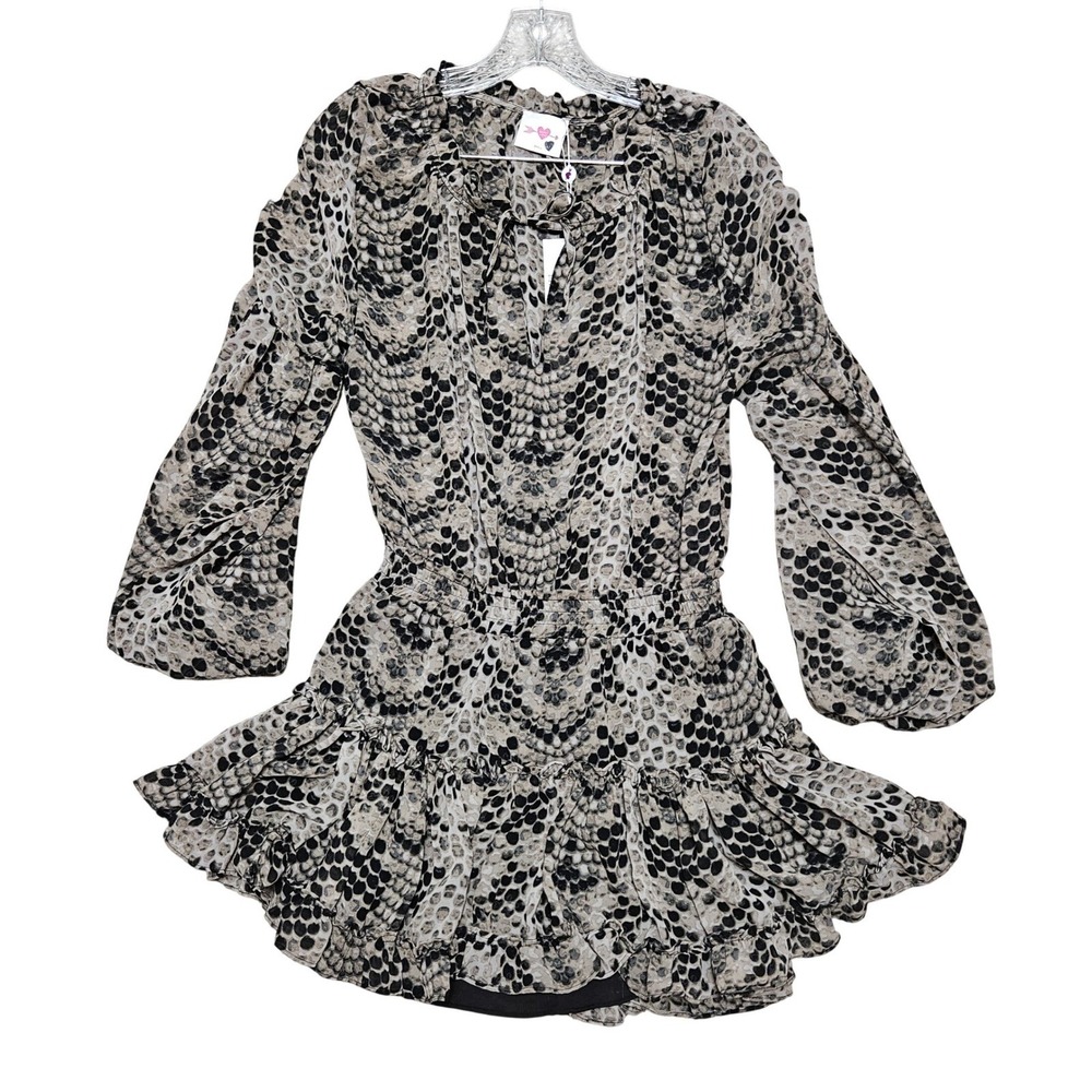 NWT Buddy Love Mini Dress Women Sm Grey Snakeskin Zozo Smocked Ruffle Bohemian